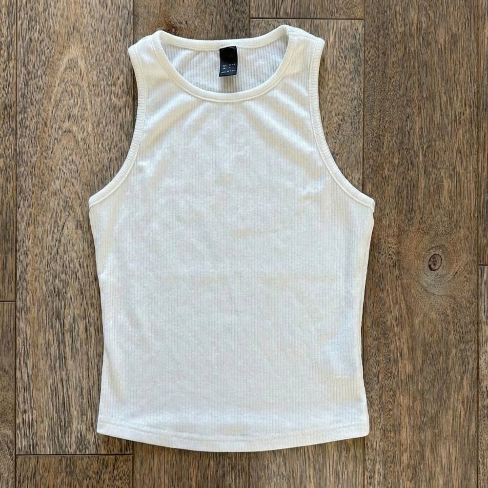 White Ribbed Soft Knit Sleeveless Crop Tank Top XS